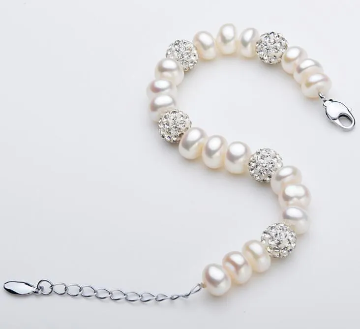 Vero e proprio bellissimo braccialetto di perle d'acqua dolce da donna, braccialetto di perle bianche coltivate da sposa, gioielli in argento 925, regalo di compleanno ragazza GB7732526