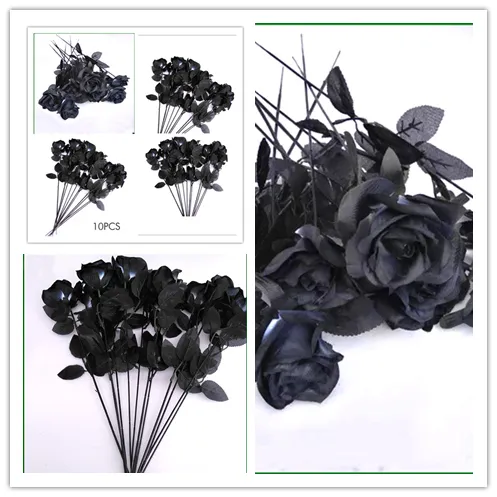 10 st 45 cm konstgjorda svart rose blommor halloween blommor bröllop hem parti falska blommor dcor produkt2816