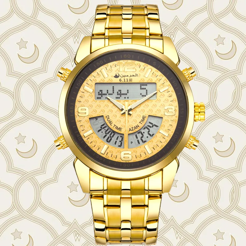 6 11 جديدًا جديدًا من الفولاذ المقاوم للصدأ LED Digital Dual Time Azan Watch Y19052103290N