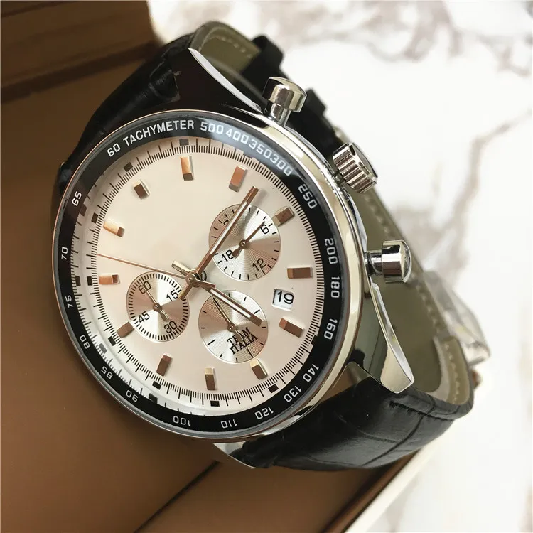 Grote Wijzerplaat 42mm Luxe Man zwart lederen Horloge Alle subdials werken Roestvrij Staal Top Kwaliteit Horloge Mode Quartz Klok drop shippin307g