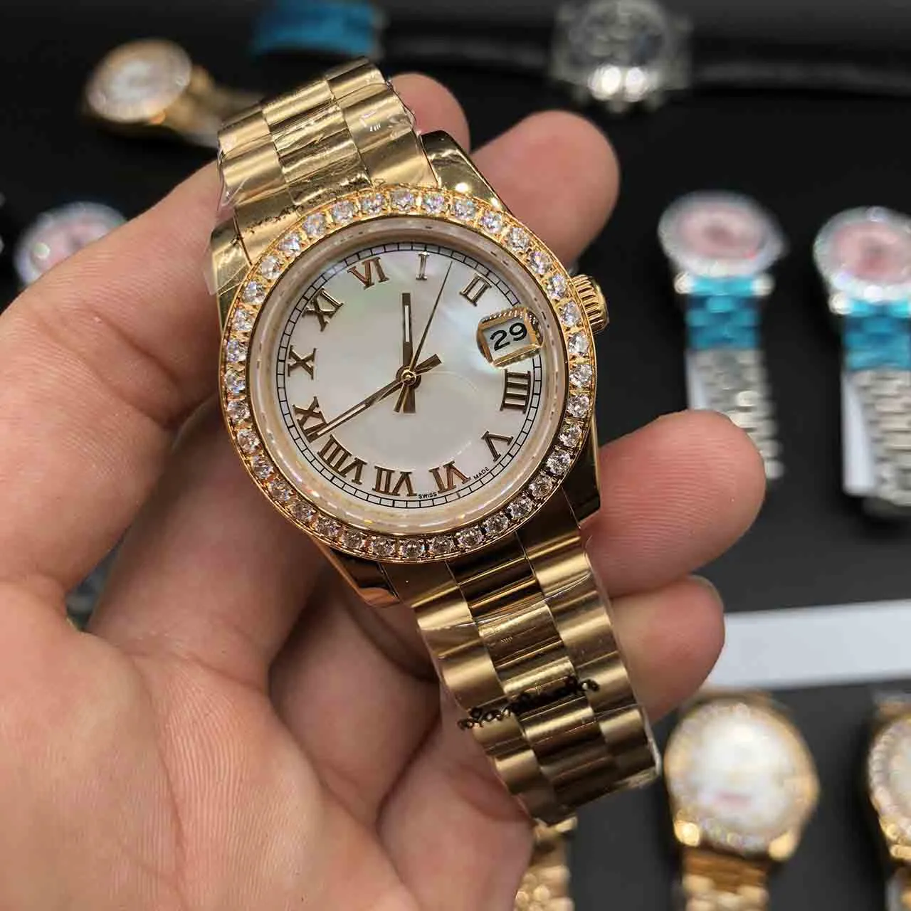 Datejust relógios diamante marca rosa concha dial feminino relógios de aço inoxidável senhoras relógio de pulso automático presente dos namorados 32mm276d