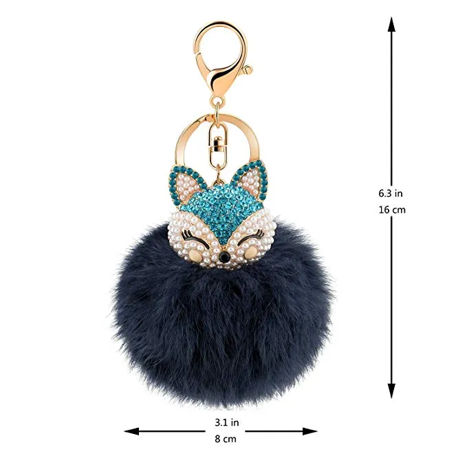 Winter Faux Rabbit Fur Ball Keychain with Rhinestone Fox Head Keyring Pompom Fluffy Key Chains Crystal For Women258M
