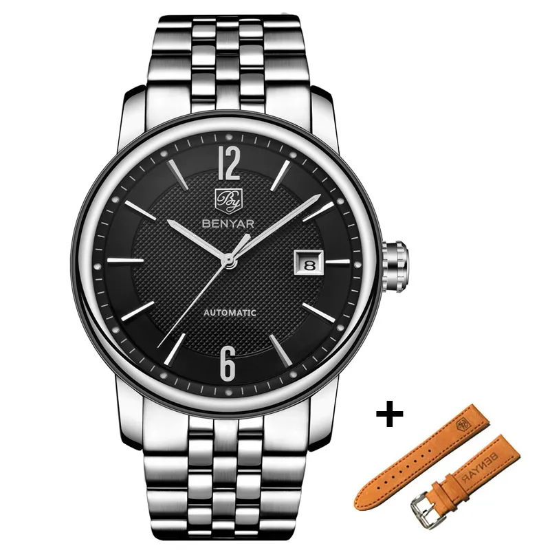 BENYAR Fashion Top Luxe Merk Lederen Horloge Set Automatische Mannen Horloge Mannen Mechanische Stalen Horloges Relogio Masculino273f