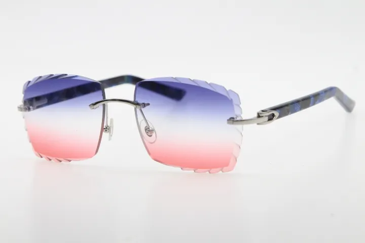 Fabriek hele verkoop randloze zonnebril optisch 3524012-A originele marmeren blauwe plank hoge kwaliteit gesneden lens glas unisex G274c