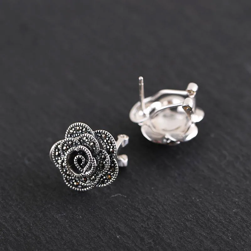 Gagafeel S925 Sterling Silver Rose stud arring marcasite flower flower arocring