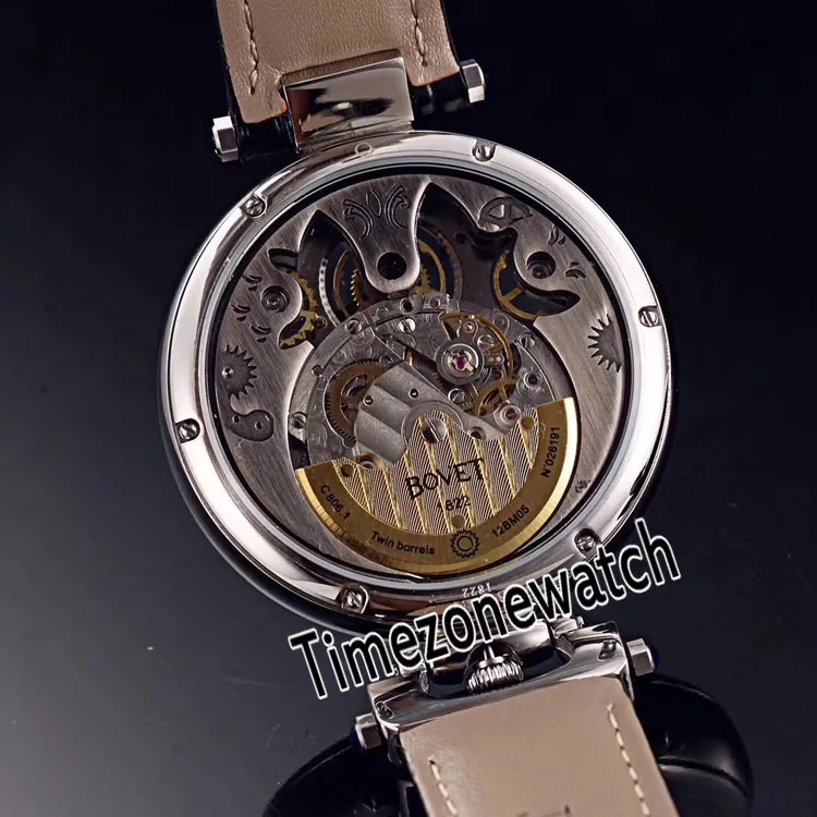 Мужские часы Bovet 1822 Tourbillon Amadeo Fleurie с автоматическим скелетоном, стальной корпус, белый циферблат, римские маркеры, черная кожа, Timezonewatch310J
