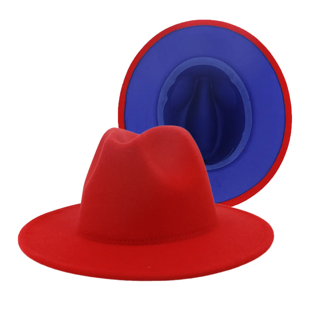 2020 New Royal Blue Red Patchwork Faux Wool Felt Fedora Hats with Thin Belt Buckle Men Women Large Brim Panama Trilby Jazz Cap1934