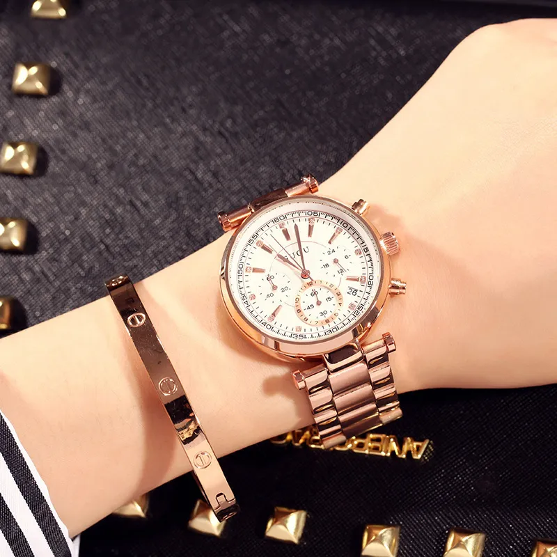 Women Watch Elegant Brand GUOU Famous Luxury Gold waterproof Quartz Watches Ladies Small seconds calendar Steel Wristwatches C1901229Y