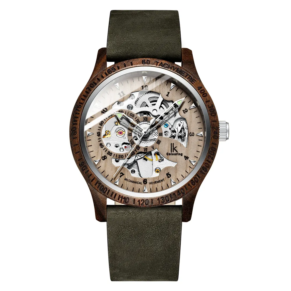 IK Coloring Men Watch Fashion Casual Wood Case Crazy Horse Leather Strap Wood Watch Skeleton Auto Mechanical Man Relogio Y2004199n
