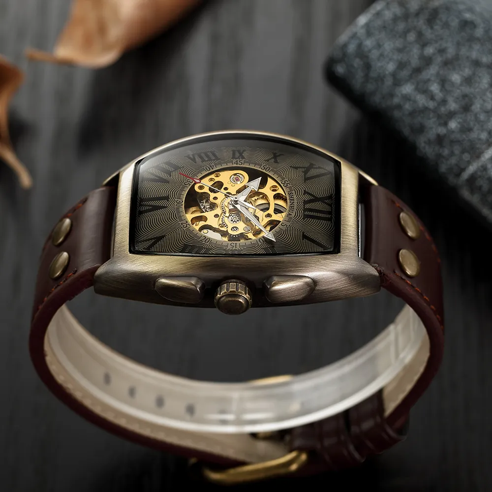 Shenhua 2019 빈티지 자동 시계 남자 기계식 손목 시계 남성 패션 스켈레톤 레트로 브론즈 시계 시계 Montre Homme J190253Q