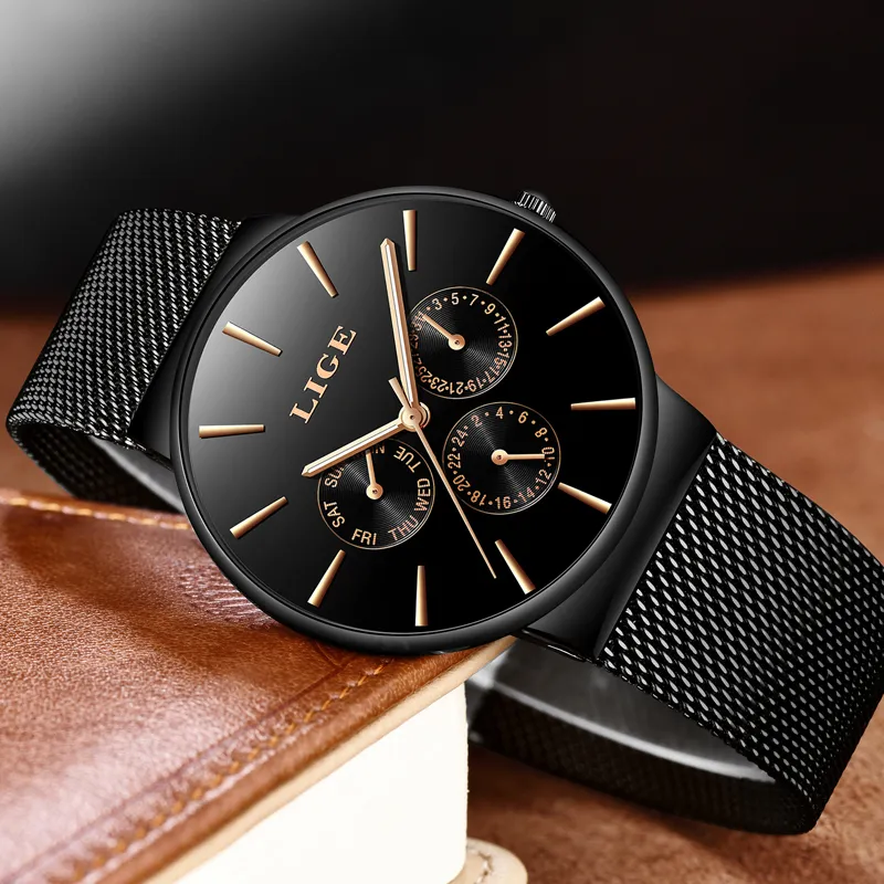 Mens Watches Lige Top Brand Luxury Waterproof Ultra Thin Date Clock Male Steel Strap Casual Quartz Watch Men Sports Wrist Watch Y13153