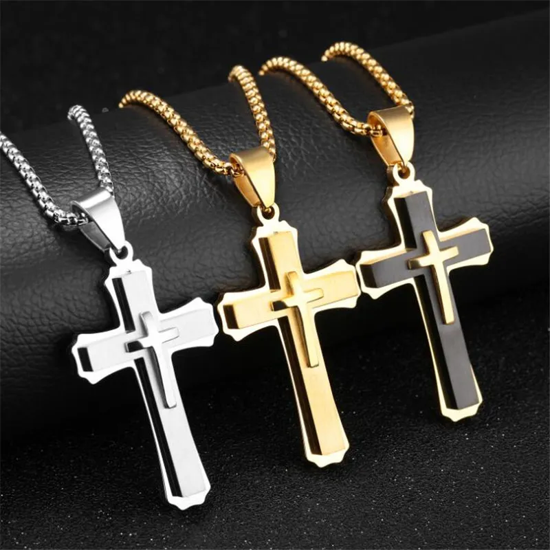 Hip Hop Vintage Fashion Jewelry High Quality Titanium Steel 3 Rows Cross Pendant Christianity Lucky Women Men Party Necklace With 329O