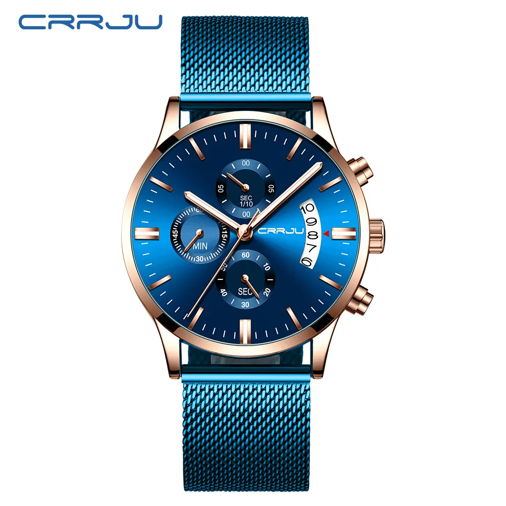 Relógio masculino crrju marca superior de luxo elegante moda relógio de pulso para homens aço completo à prova dwaterproof água data relógios quartzo relogio masculino227c