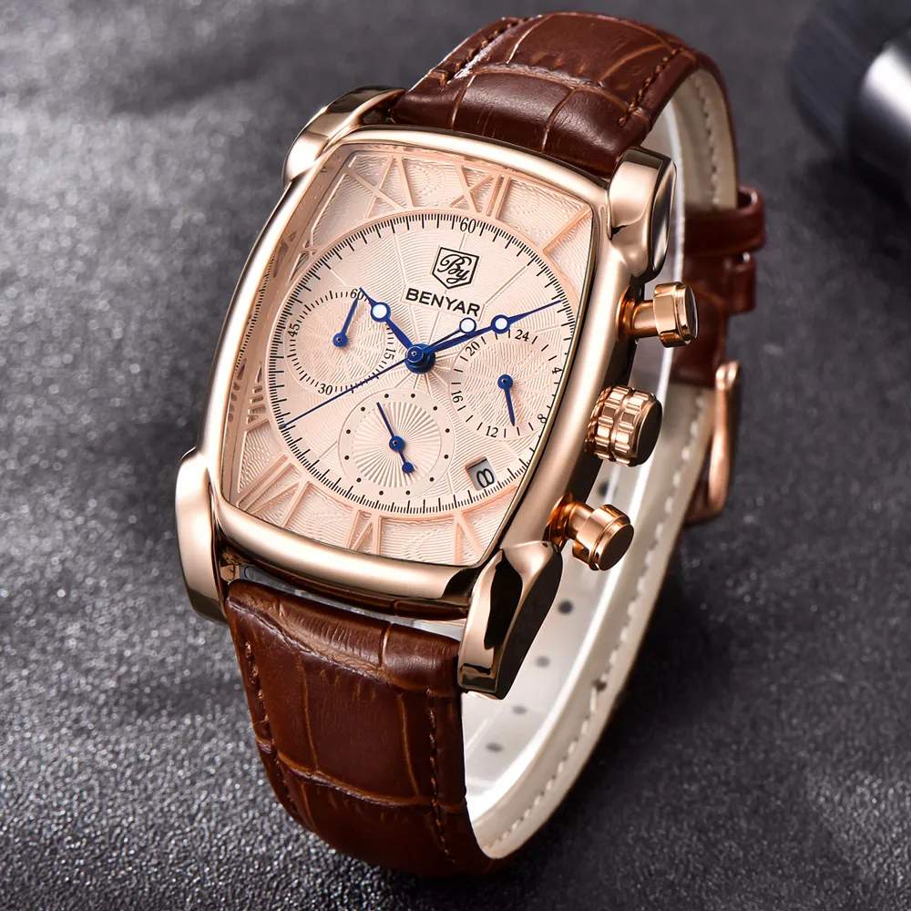 BENYAR Luxe True zes-pins quartz horloge Klassieke rechthoekige kast Sport chronograaf herenhorloges Rose goud erkek kol saati268S