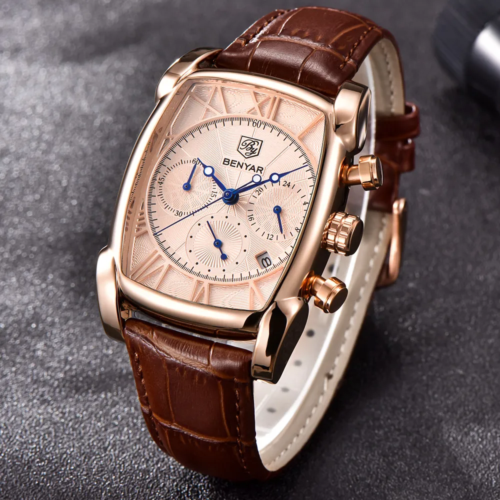 BENYAR luxe véritable montre à Quartz à six broches boîtier rectangulaire classique chronographe de sport montres pour hommes or Rose erkek kol saati250S