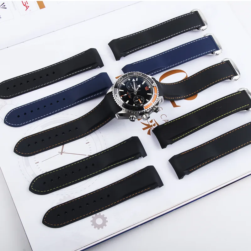 20mm 22mm Watch Strap Bands Orange Black Blue Waterproof Silicone Rubber Watchbands Armband Clip Buckle för Omega Planet Ocean T302X
