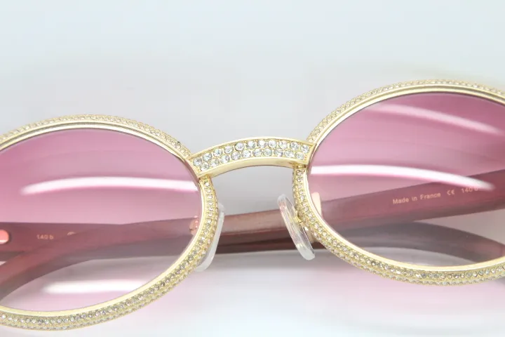 Natural Wood Full Frame Smaller Big Stones sunglasses 7550178 Round Vintage Unisex Sun Glasses 18K Gold glasses diamond Size55288E