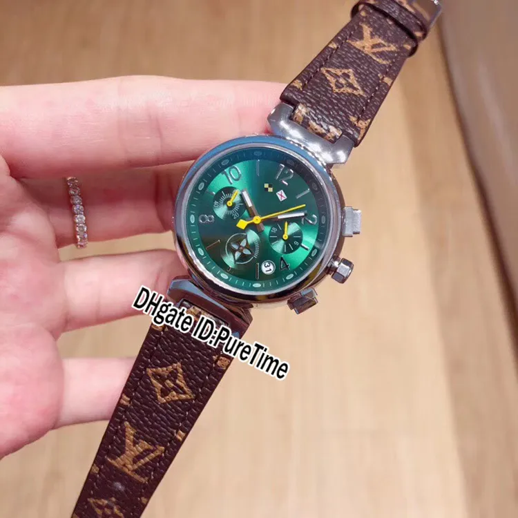 Новый Q13250 Стальной корпус Зеленый циферблат Японский кварцевый хронограф Женские часы Коричневый кожаный ремешок Женские женские часы Секундомер Puretime 2225