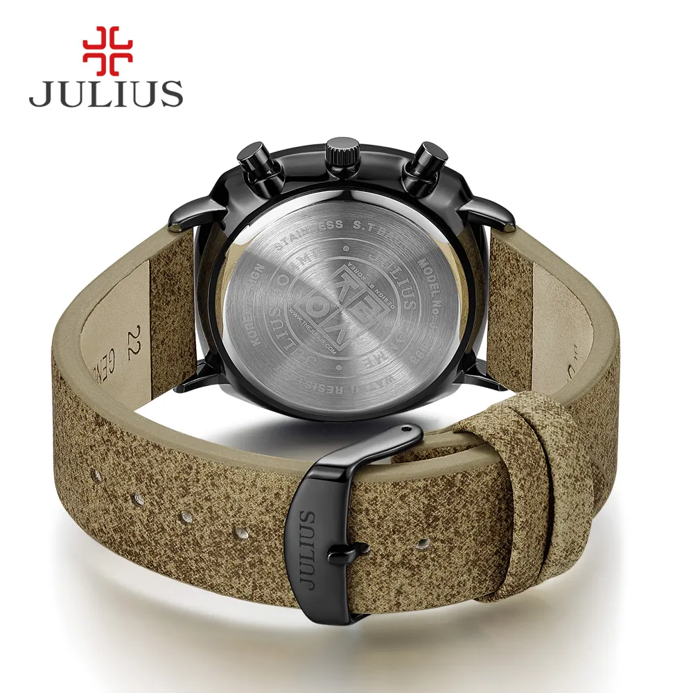 JULIUS Echte chronograaf heren zakelijk horloge 3 wijzerplaten lederen band vierkant gezicht quartz horloge horloge cadeau JAH-098227c