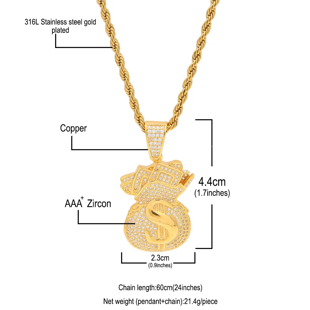 Gold plaqué glacé Out CZ Cubic Zirconia Mens USD Sac argent Pendante Collier Personnalisé en diamant complet Hip Hop Bijoux FIJOURS F306O