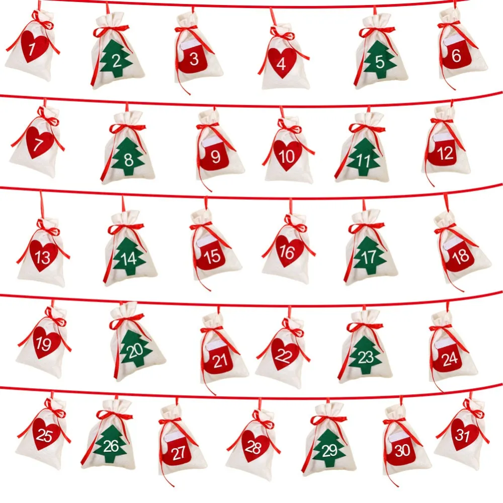 Stoff-Weihnachts-Adventskalender, Girlande, hängender Adventskalender, Geschenktüten, Neujahr, Familie, 11 x 16 cm, 24 Stück, 31 Stück3147