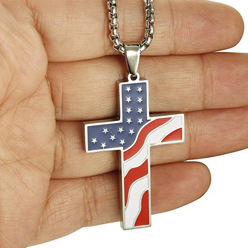 Collana con bandiera americana Collane con ciondolo croce in acciaio inossidabile Gioielli patriottici Religiosi USA Oro Argento Catena pesante261p