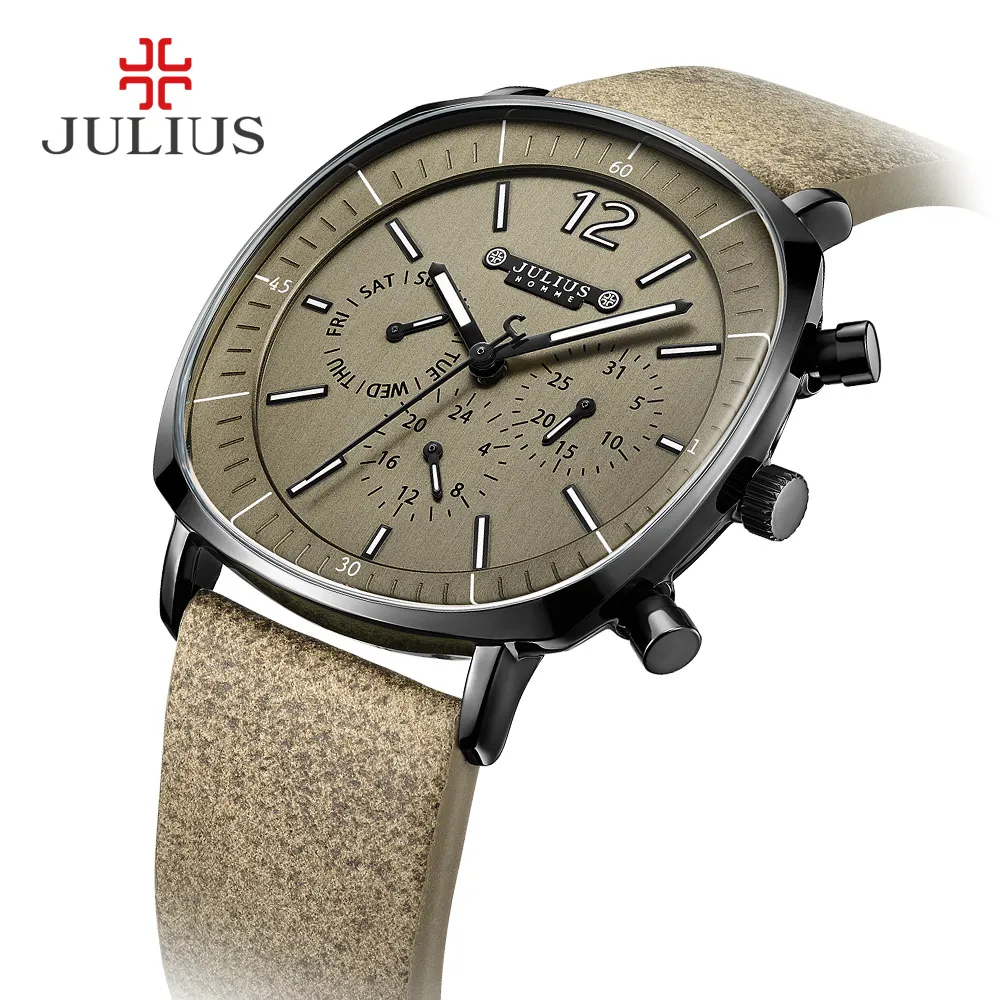 JULIUS Real Chronograph Mens Business Watch 3 Dials Leather Band Square Face Quartz Wristwatch