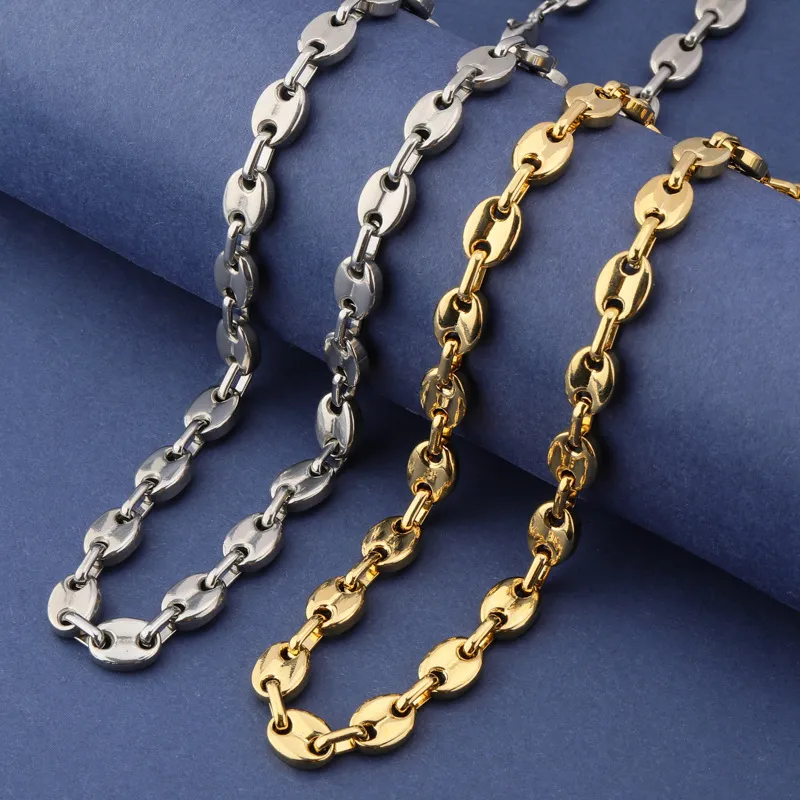 Nieuwe Mode Heren Vergulde Titanium Rvs Hip Hop Koffiebonen Varken Neus Cubaanse Link Chain Choker Ketting Sieraden rappe224p