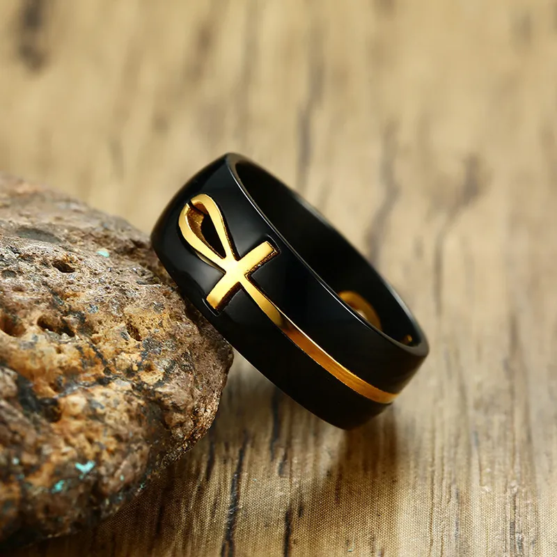 Signification Life Egyptian Ankh Black Black Gold Annals Rings en acier inoxydable228i