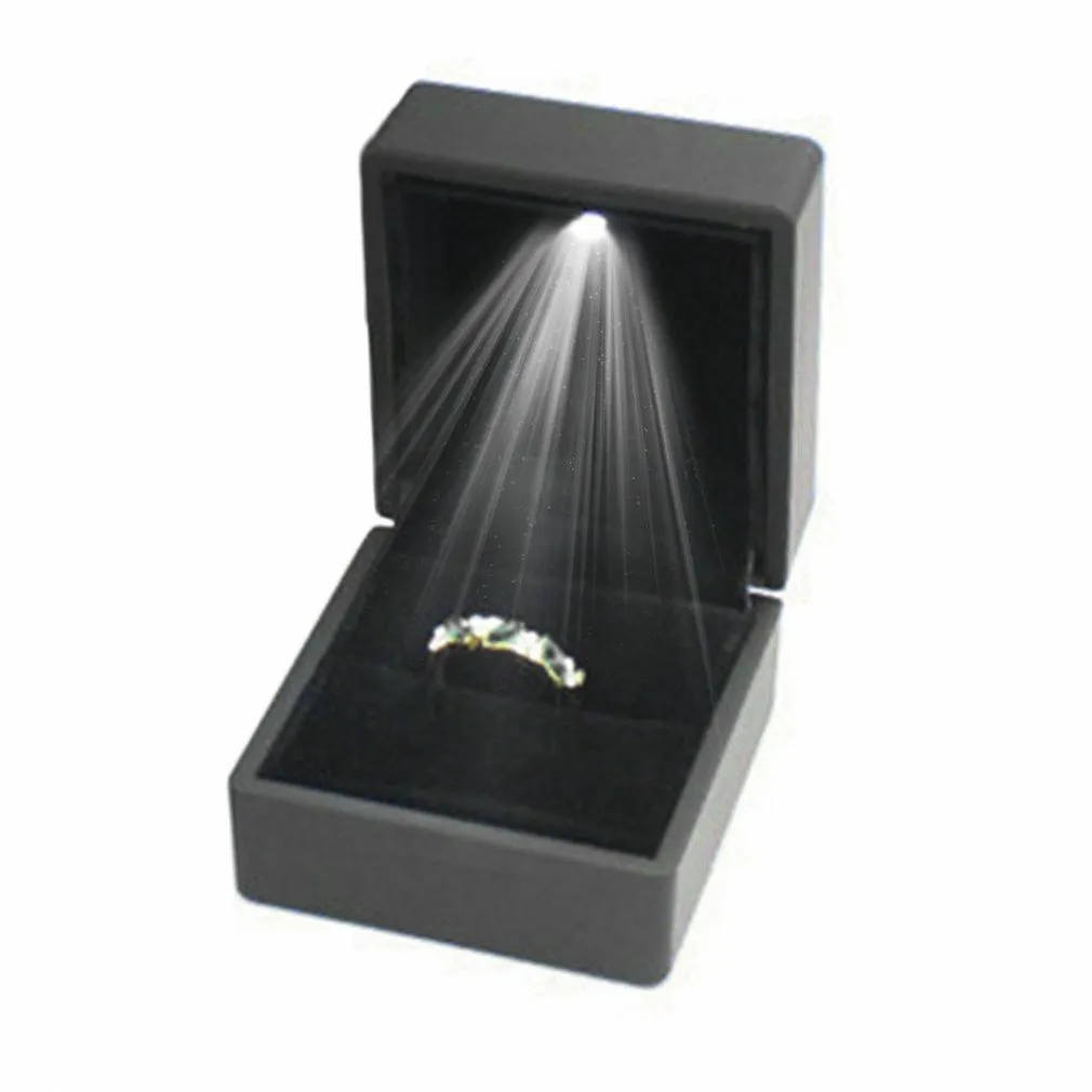 LED Lighted Gift Box Earring Ring Wedding Black Jewelry Display Packaging Lights195v