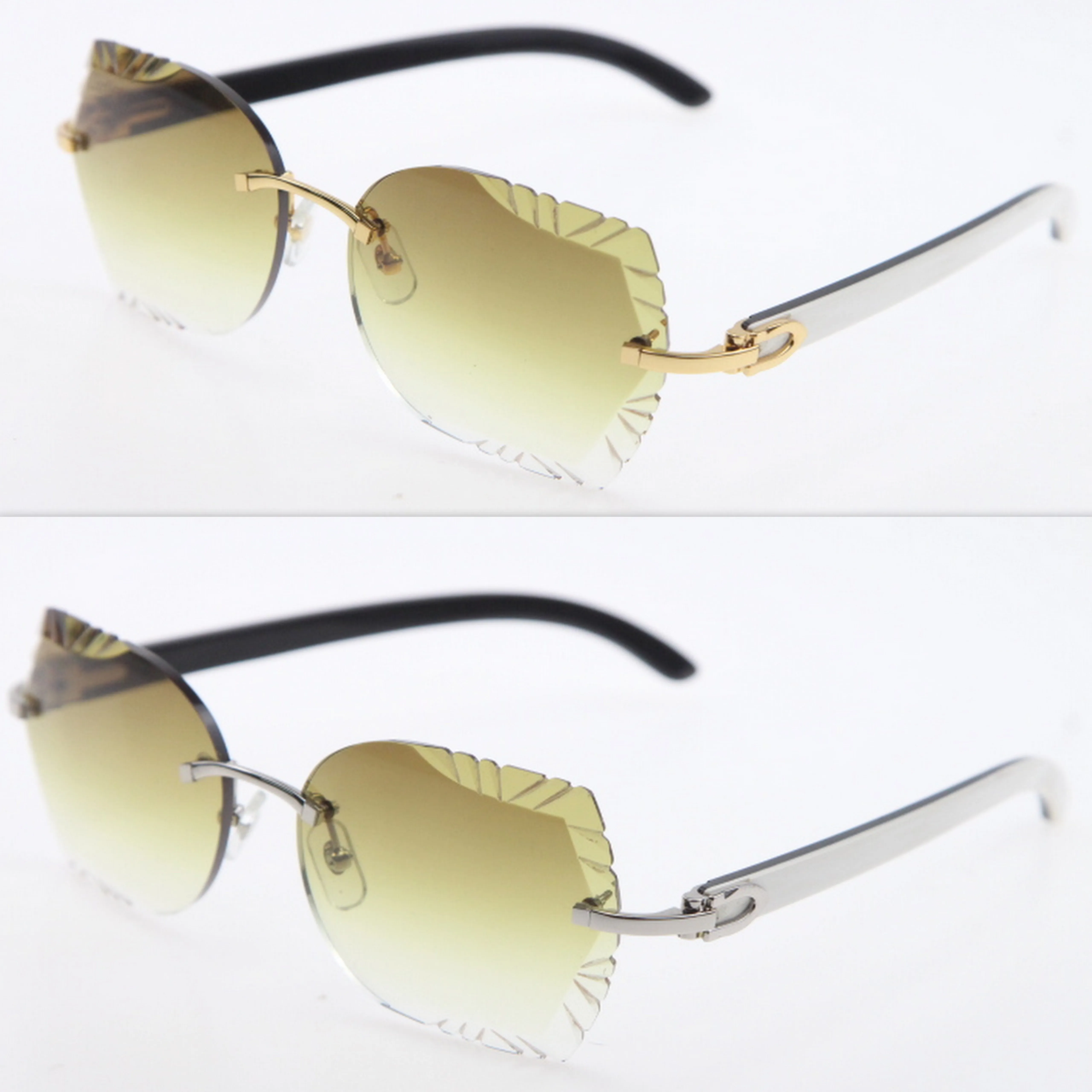 Populaire gesneden spiegellens Randloze zonnebril Origineel Wit Mix Zwart Buffelhoorn Bril Goud Blauw Rood mode Mode Accessor292C