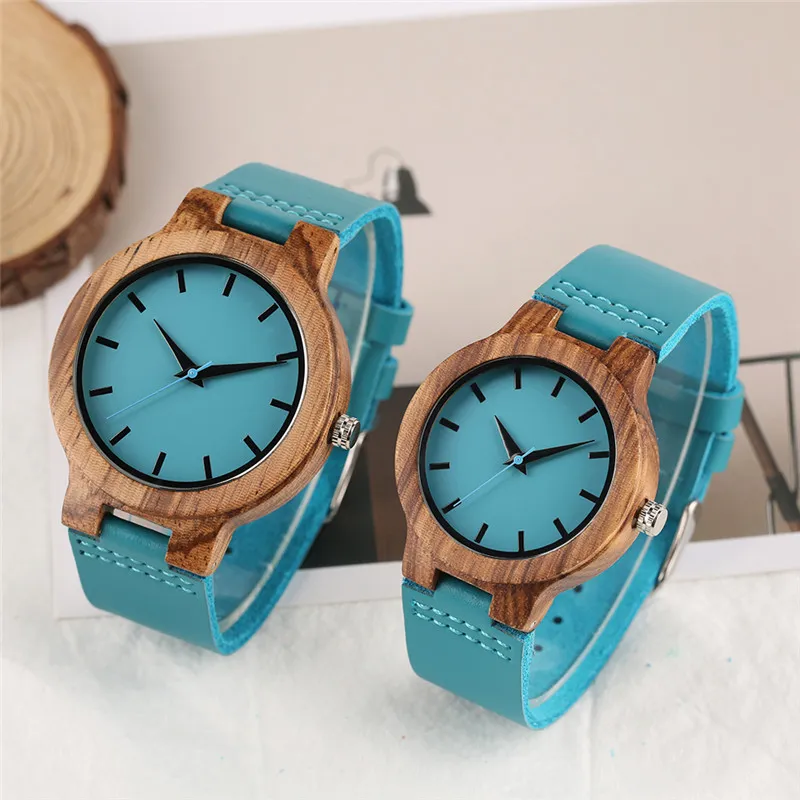 Luxury Royal Blue Wood Watch Top Quartz Wristwatch 100% Natural Bamboo Clock Casual Leather Band Valentine's Day Presents for Me295T