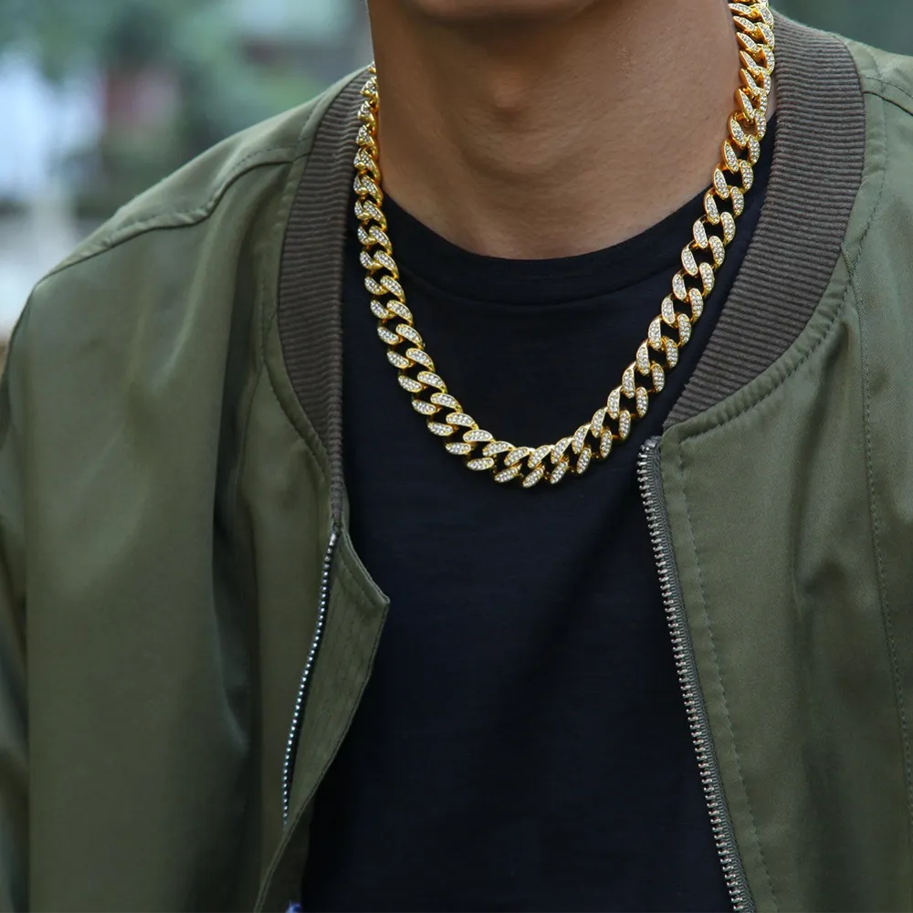 Collana a maglie cubane Miami da 13 mm Collana in argento dorato con bracciale set con strass di cristallo ghiacciato Hip hop uomo2195