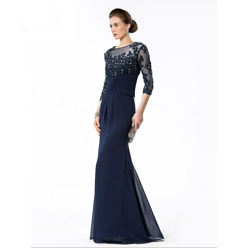 Long Navy Blue Mother of the Bride Dresses 2019 Chiffon Perline Appliques corpetto Sheer 3 4 maniche madri Abiti da sera 193J