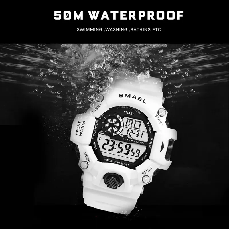 Sport Quartz Digital klockor Male Watch Smael Sport Watch Men Waterproof Relogio Masculino Clock White Digital Military Watches V1292a