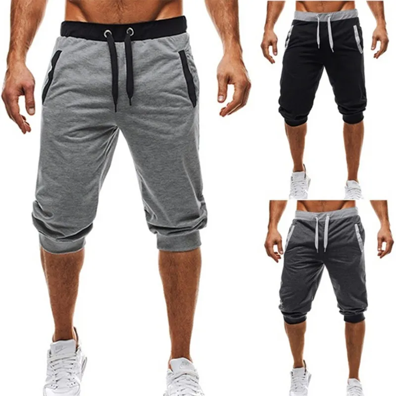 Men's Five-point Pants Fashion Knee Length Casual Patchwork Sweat Pant Slim Fit Fitness Pants Man Capris SH19062701