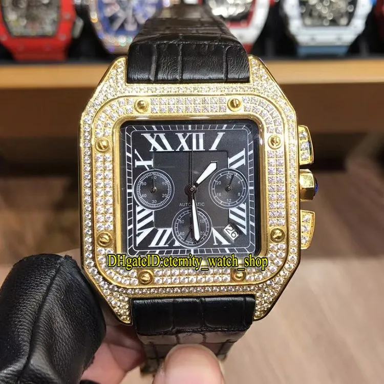 Nouveau luxe 45MM WGSA0017 W2SA0008 cadran noir Japon VK Quartz chronographe mouvement montre pour homme or diamants boîtier bracelet en cuir Spor256Q