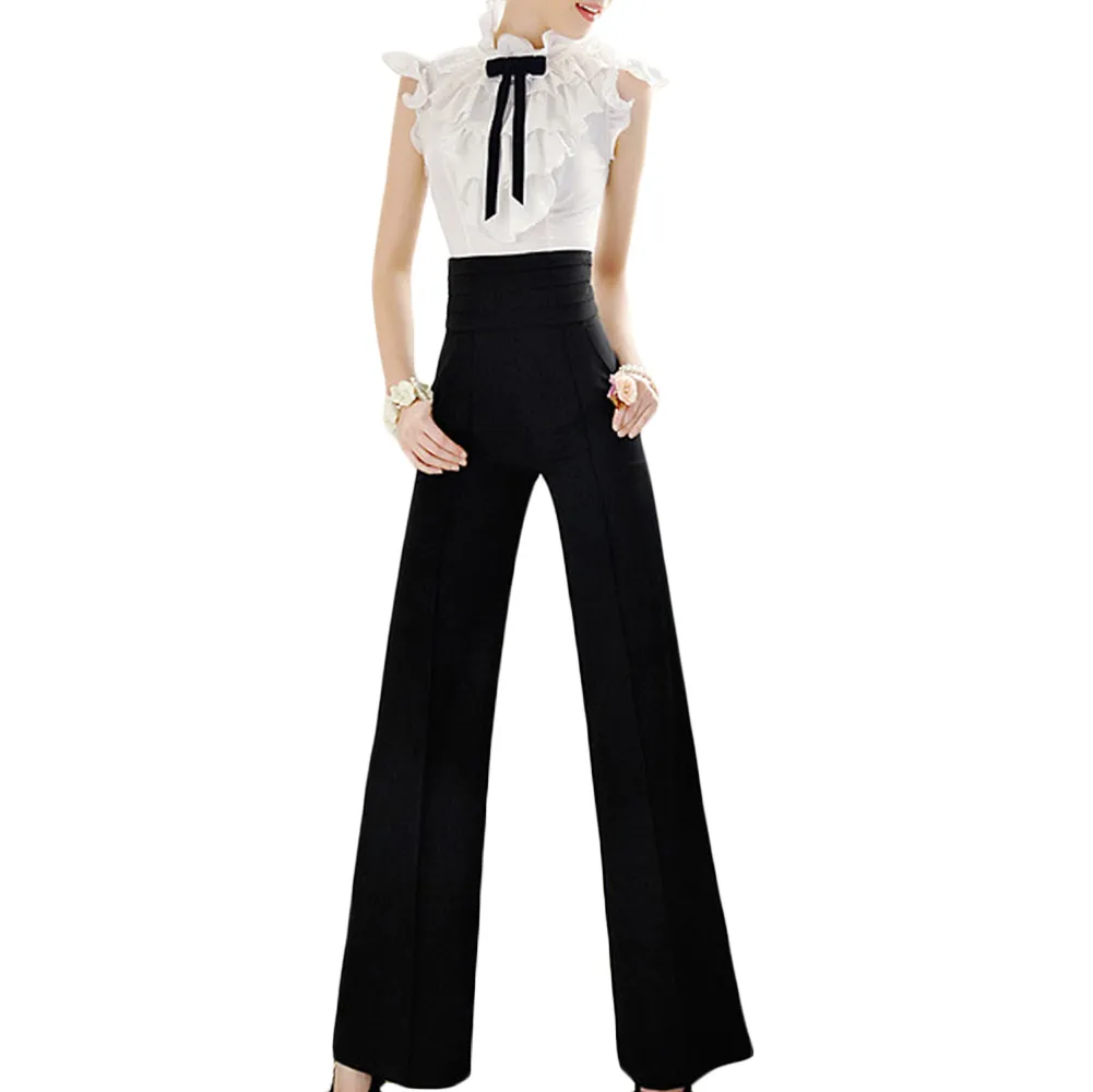 Anself Vintage Women Loose Trousers Zipper High Waist Pocket Front Flare Wide Leg Office Ladies Pants Black Bell Bottom Pants Y19070101