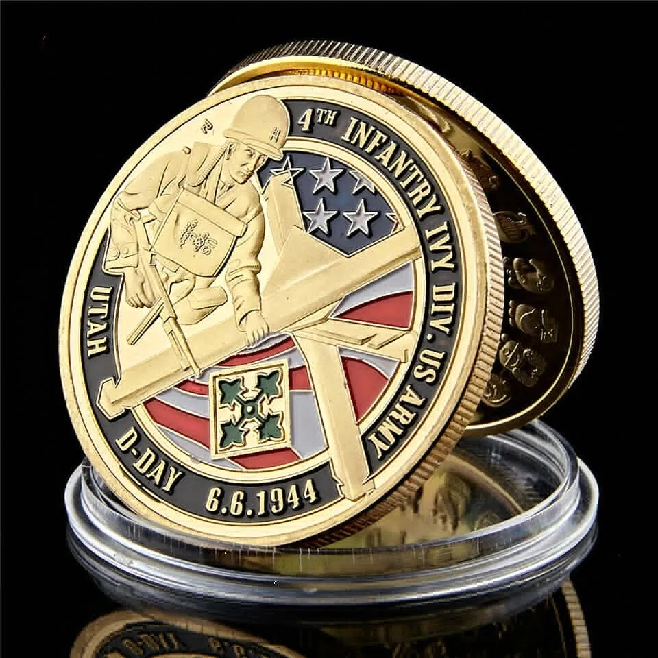 Military Challenge Coin Craft 194466 Dday US 4th Infantry Division of Army Gold Plated Badge WPCCB Box9772080