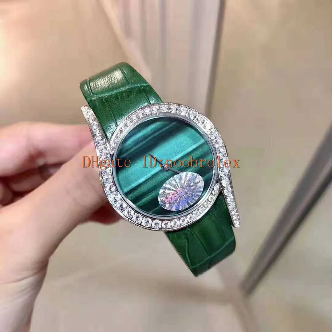 Новые женские часы с бриллиантом Lime Light Женские часы Швейцарский кварц 18-каратная платина Корпус из стали 316L Алмазный безель Сапфир Зеленая кожа str203o