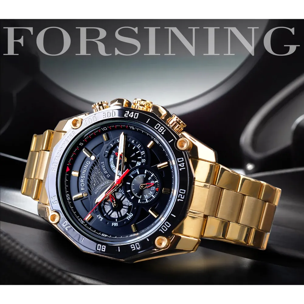 Forsining Watch Golden Stainless Steel Three Dial Design Mens Racing Sport 자동 손목 시계 최고의 브랜드 럭셔리 릴로고 메카이 247e