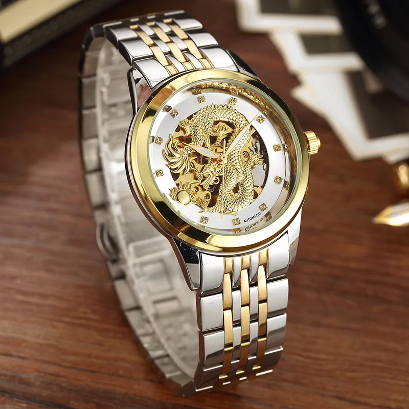 Relojes mecánicos automáticos con esqueleto de dragón de lujo para hombre, reloj de pulsera con correa de acero inoxidable, reloj dorado resistente al agua para hombre Y225W