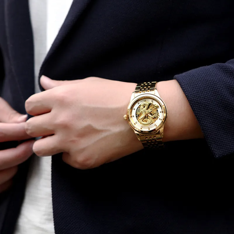 Роскошные автоматические механические часы со скелетом дракона для мужчин, наручные часы с ремешком из нержавеющей стали, золотые часы, водонепроницаемые мужские Relogio Y225W