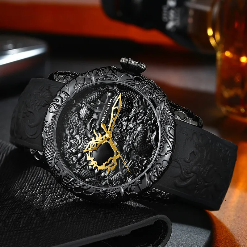 Megalith Fashion Gold Dragon Sculpture Watch Men Quartz Watch Big Dial Dial Sport Orologi uomini Guarda Top Luxury Brand Clock L308G