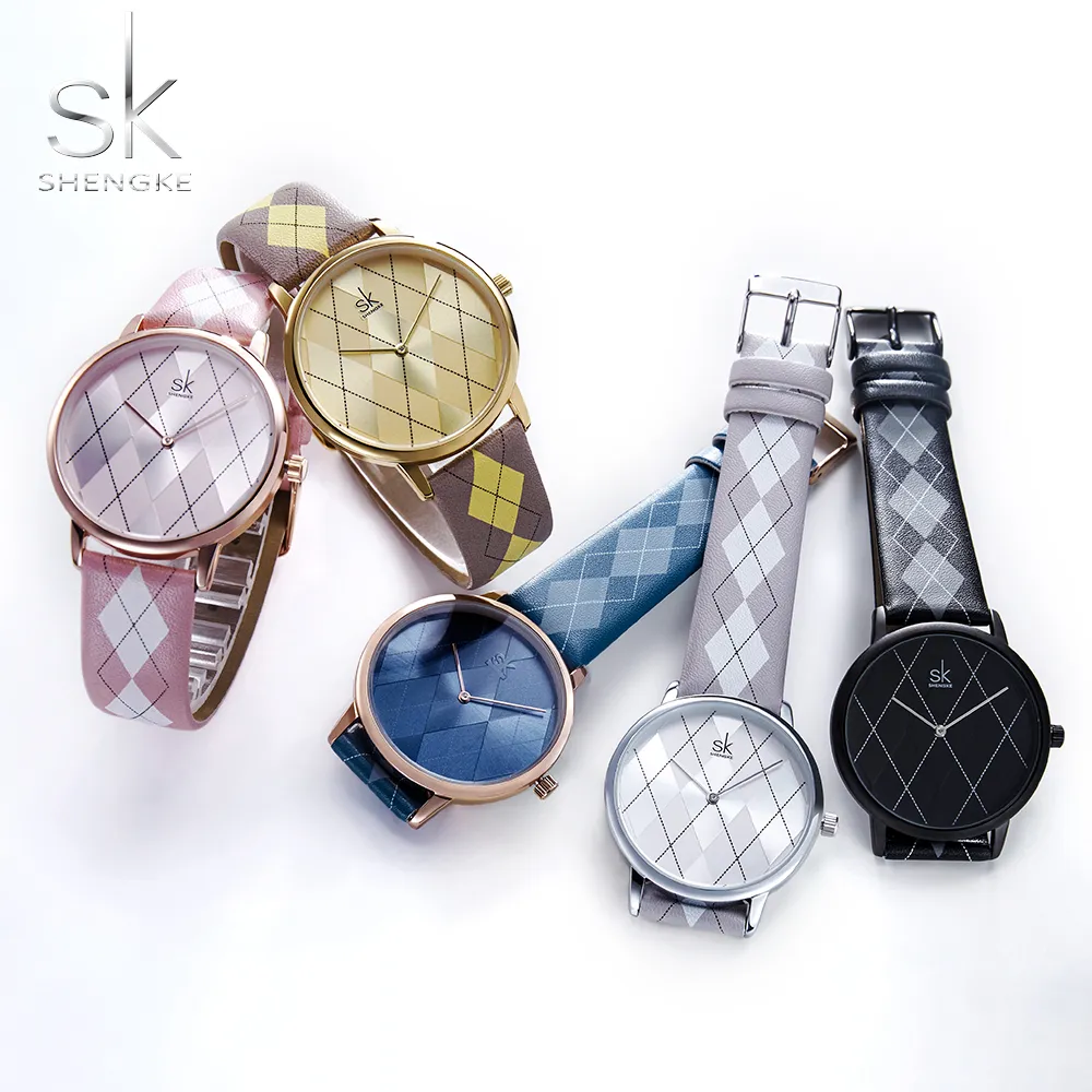 Reloj Shengke de cuero para Mujer, Reloj femenino Vintage a cuadros, Reloj de pulsera de cuero para Mujer, relojes para niñas, Reloj para Mujer 246K