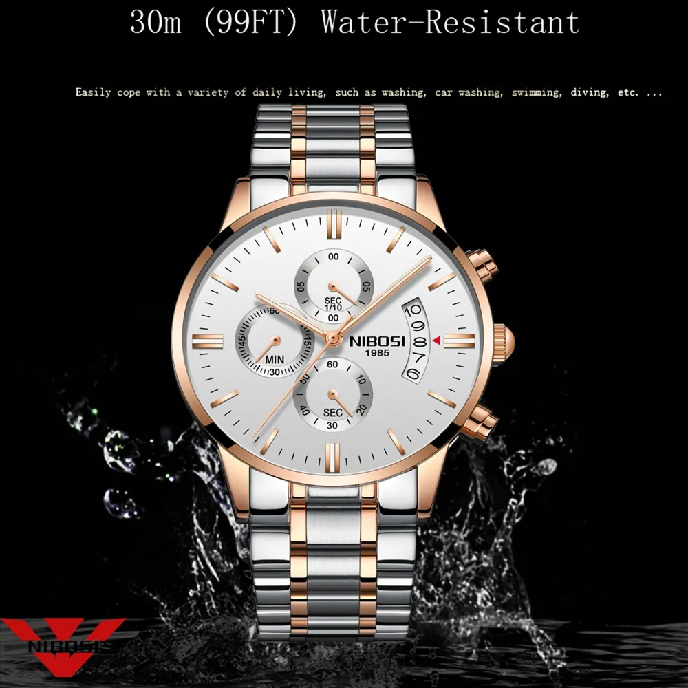 Nibosi luxo marca superior relógios moda rosa ouro elegante relógio masculino à prova dwaterproof água relógio de pulso quartzo para men292h
