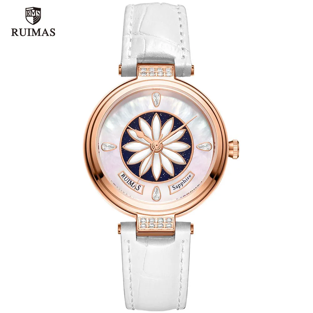 Ruimas Women Watches Luxury Red Leather Strap Automatisk armbandsur Flower Dial Mechanical Watch Lady Girls Waterproof Clock 6776292Y