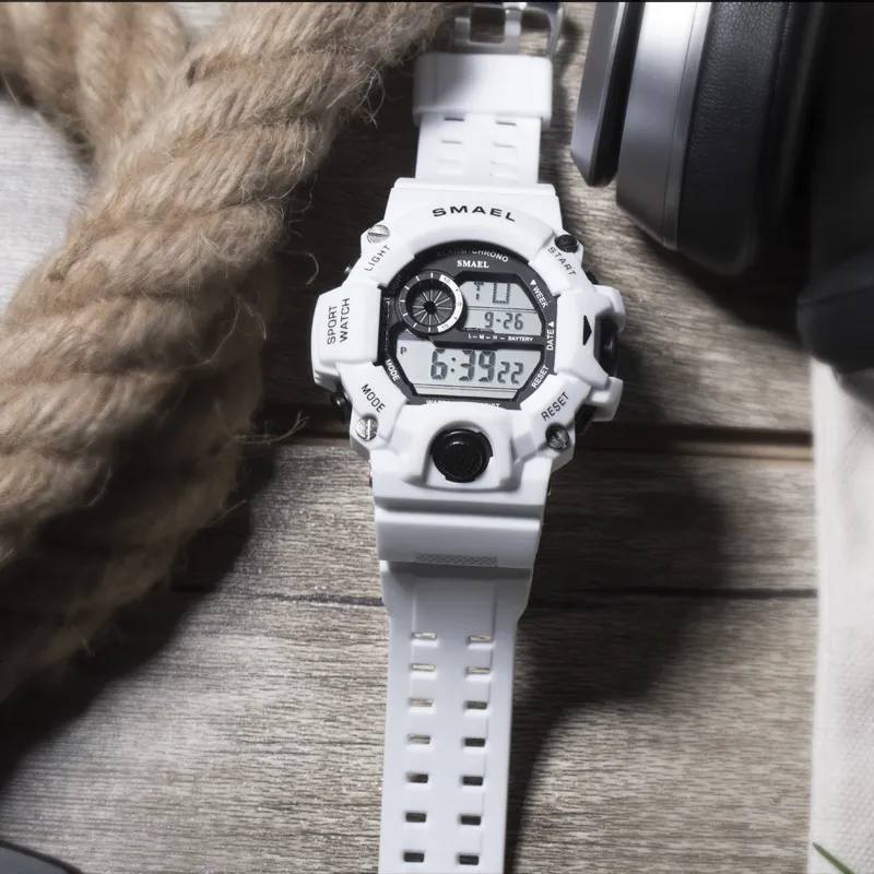 Sport Quartz montres numériques montre masculine SMAEL montre de Sport hommes étanche relogio masculino horloge blanc montres militaires numériques V1236h