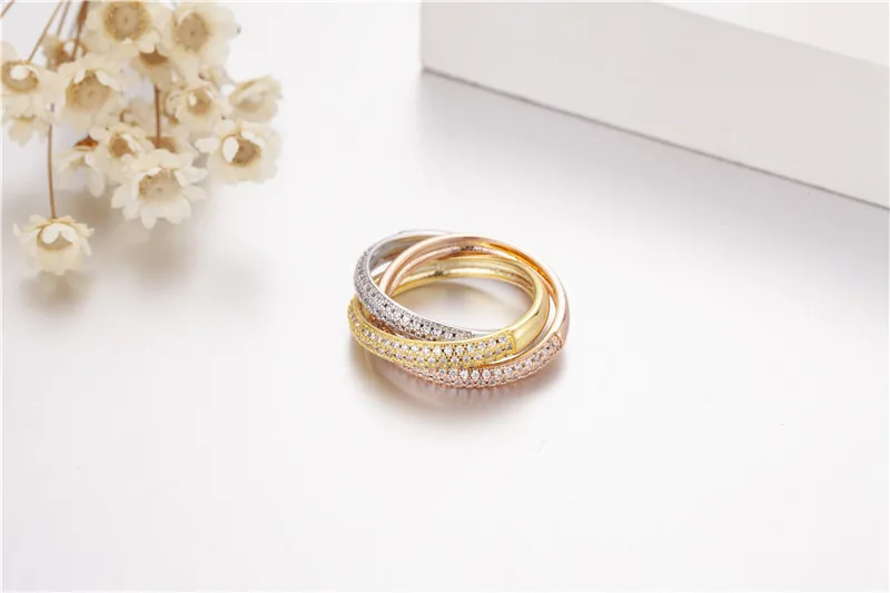 Triple Circles Gold Rose Gold Silver Ring Three Colors Luxury Jewelry 925 Silver Pave 5A CZ Ring Women Wedding Finger Rings Gift223y