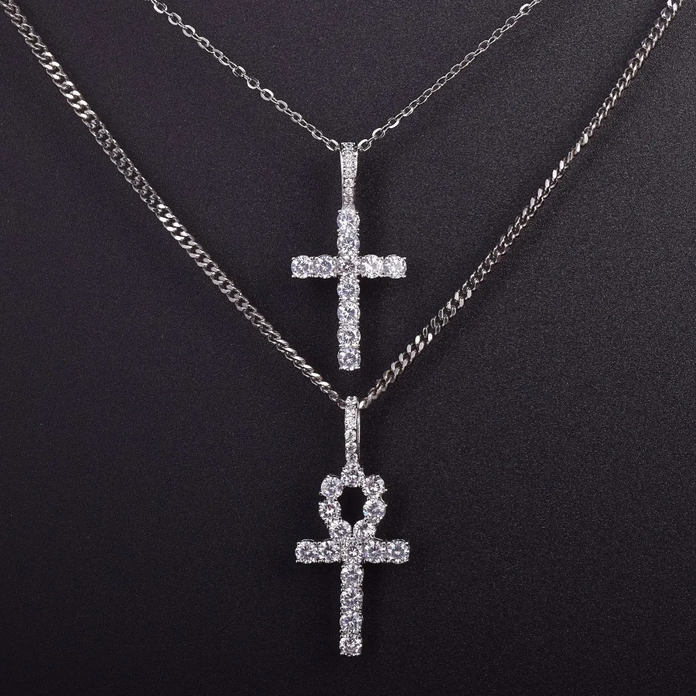 Iced Zircon Ankh Cross Necklace Jewelry Set Gold Silver Copper Material Bling CZ Key To Life Egypt Pendants Necklaces268H